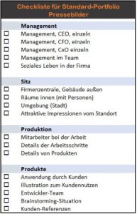 Eine kurze Liste der Fotos, die Sie als PR-Fotos im Archiv haben sollten.
