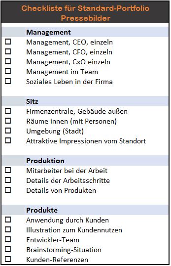 Eine kurze Liste der Fotos, die Sie als PR-Fotos im Archiv haben sollten.